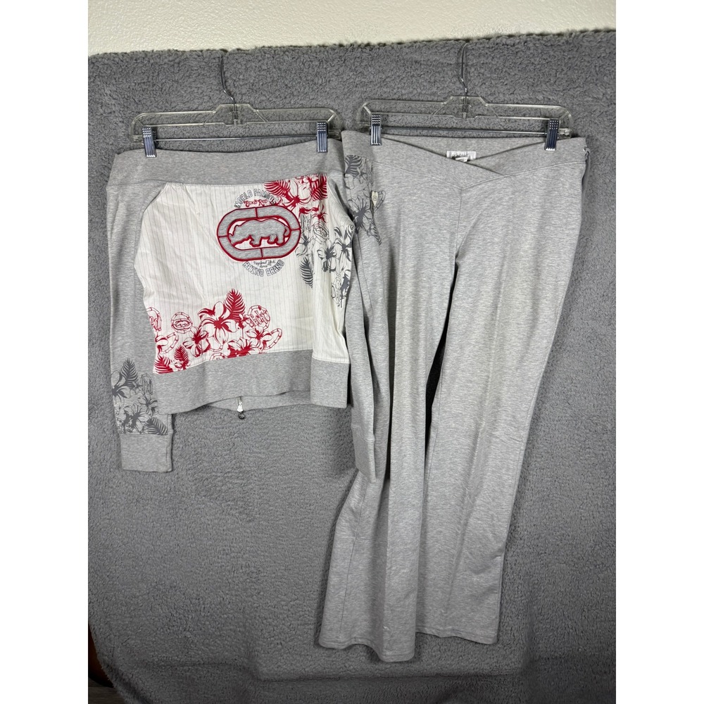 Ecko Red Heather Gray Y2K Off Shoulder Zip Hoodie and Wide Leg Pants Set XL L